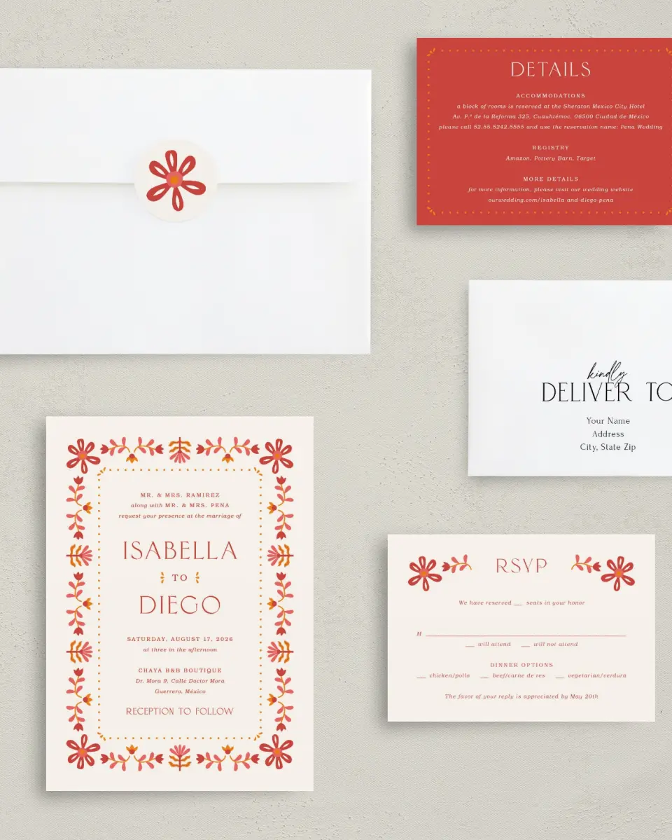 This is a 5" x 7" Classic Wedding Invitation called Folk Fiesta printed in full color with Gold foil on Luxe Satin (coated) paper