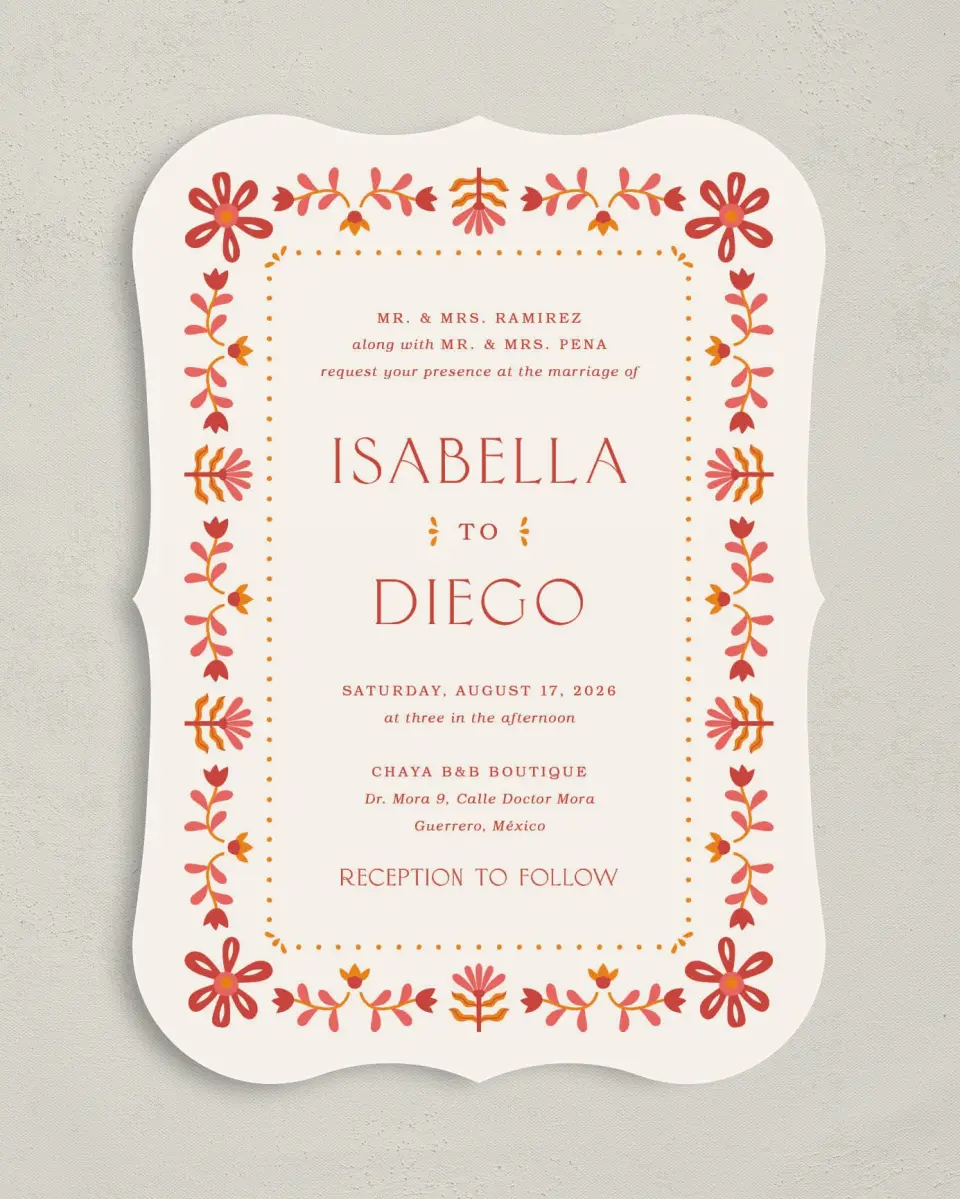 This is a 5" x 7" Bracket Wedding Invitation called Folk Fiesta printed in full color on Premium Smooth paper