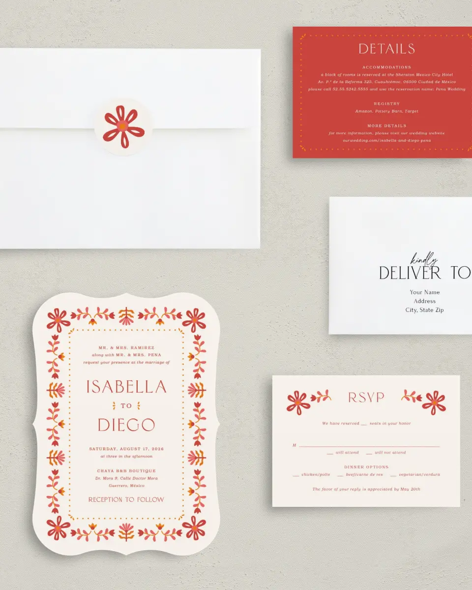 This is a 5" x 7" Bracket Wedding Invitation called Folk Fiesta printed in full color on Premium Smooth paper
