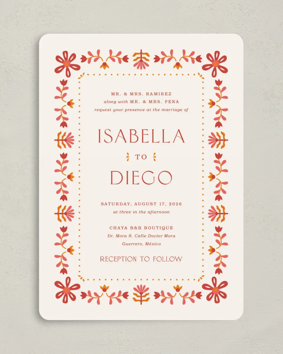 This is a 5" x 7" Rounded Wedding Invitation called Folk Fiesta printed in full color on Premium Smooth paper