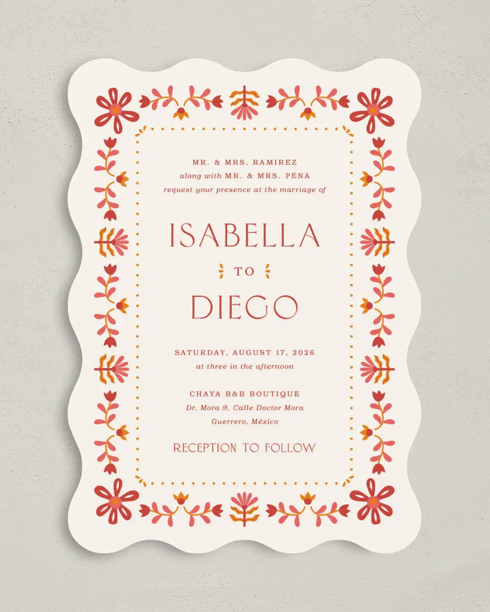 This is a 5" x 7" Wavy Wedding Invitation called Folk Fiesta printed in full color with Silver foil on Luxe Satin (coated) paper