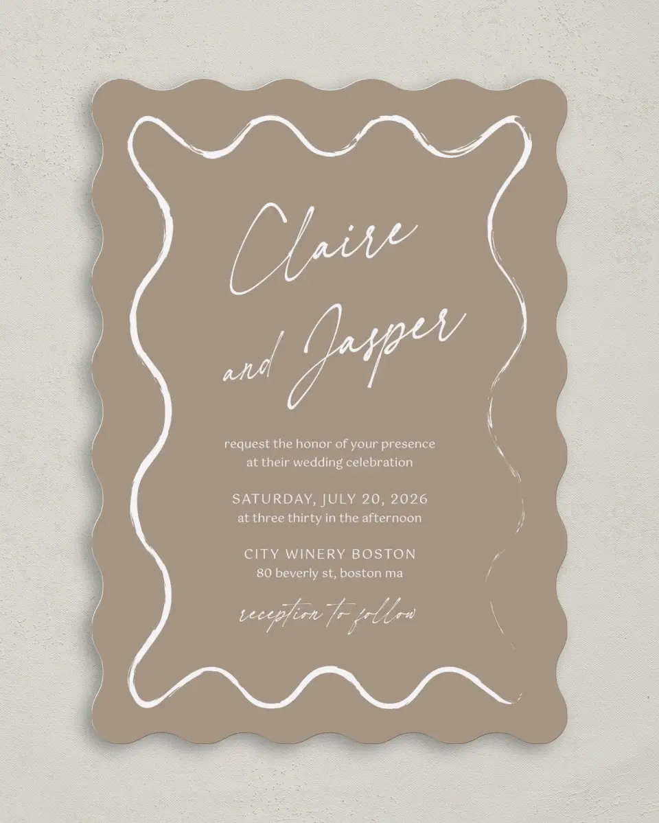 This is a 5" x 7" Wavy Wedding Invitation called The Romantic Sketch printed in full color on Premium Smooth paper