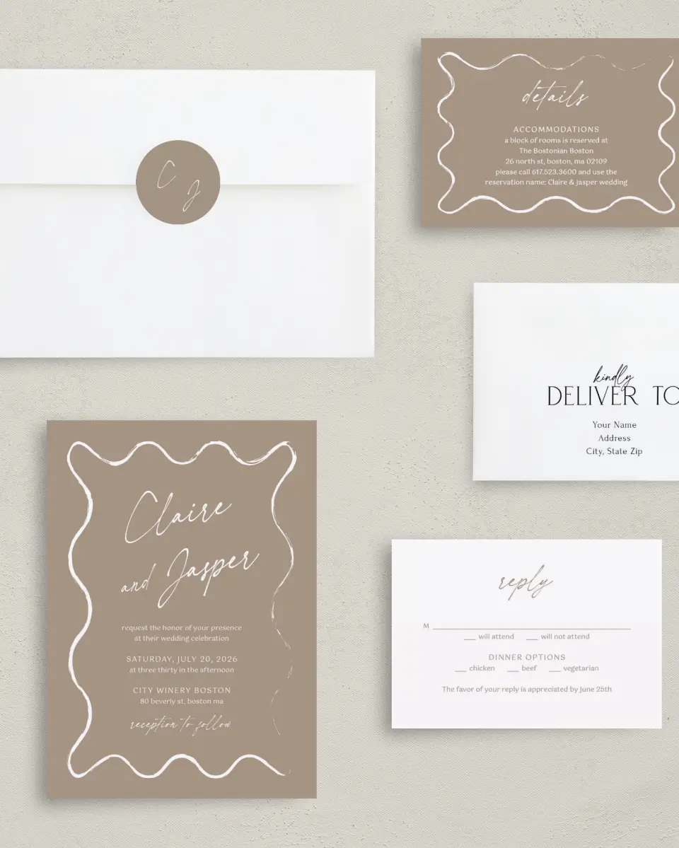 This is a 5" x 7" Classic Wedding Invitation called Romantic Sketch printed in full color with Silver foil on Luxe Satin (coated) paper