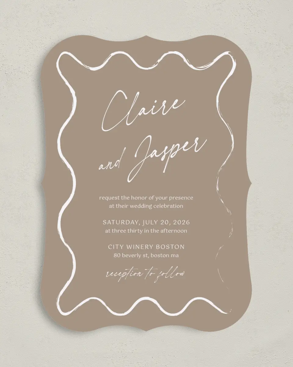 This is a 5" x 7" Bracket Wedding Invitation called Romantic Sketch printed in full color with Silver foil on Luxe Satin (coated) paper