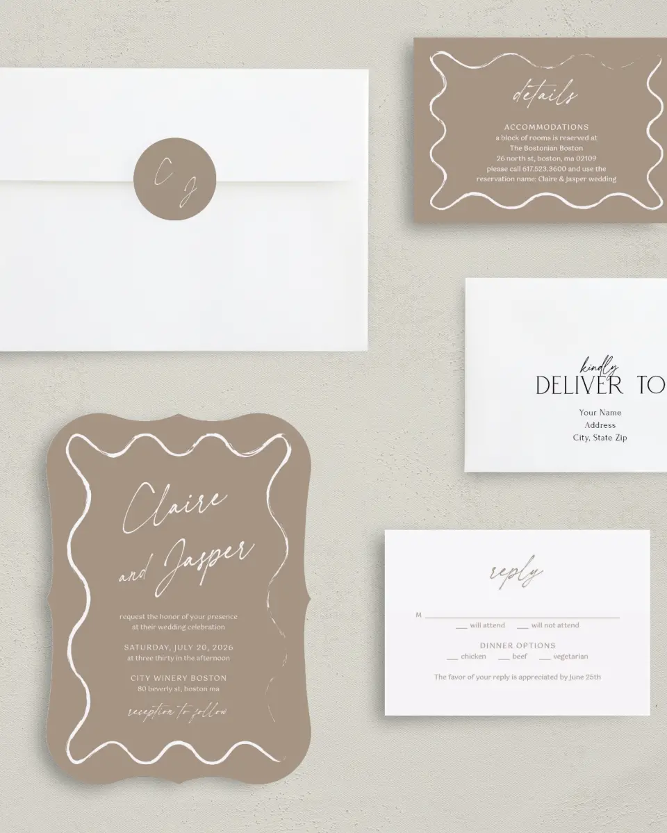 This is a 5" x 7" Bracket Wedding Invitation called Romantic Sketch printed in full color with Silver foil on Luxe Satin (coated) paper