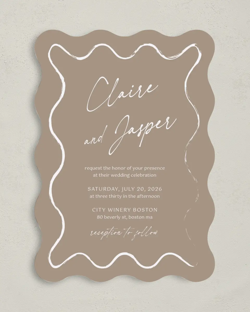 This is a 5" x 7" Wavy Wedding Invitation called The Romantic Sketch printed in full color on Premium Smooth paper