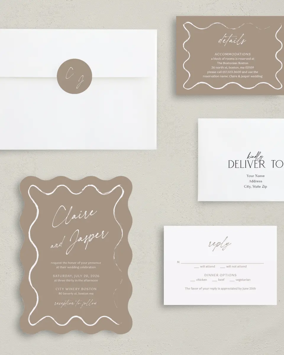 This is a 5" x 7" Wavy Wedding Invitation called The Romantic Sketch printed in full color with Gold foil on Luxe Satin (coated) paper