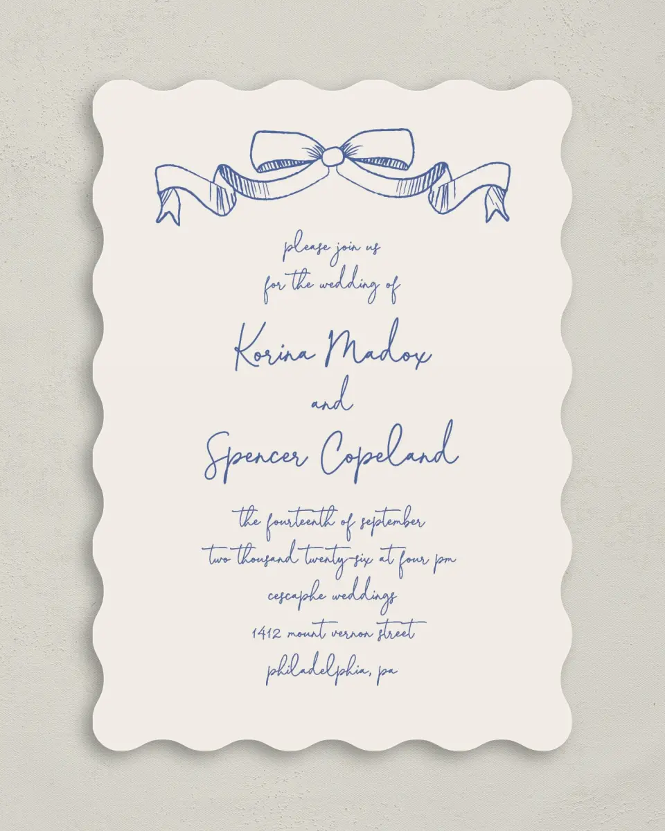 This is a 5" x 7" Wavy Wedding Invitation called Sketched Bow printed in full color on Premium Smooth paper