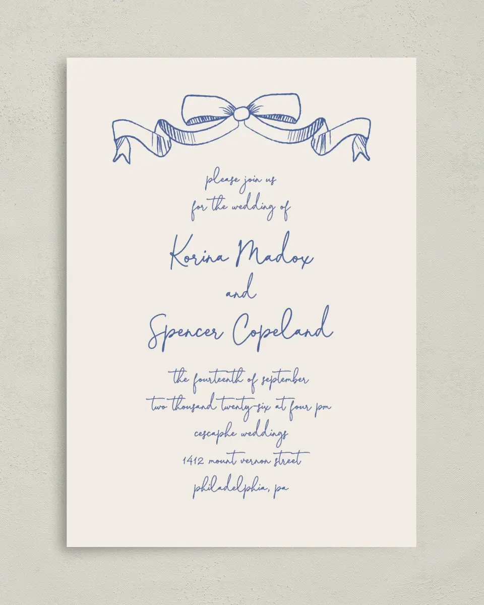This is a 5" x 7" Classic Wedding Invitation called Sketched Bow printed in full color on Premium Smooth paper