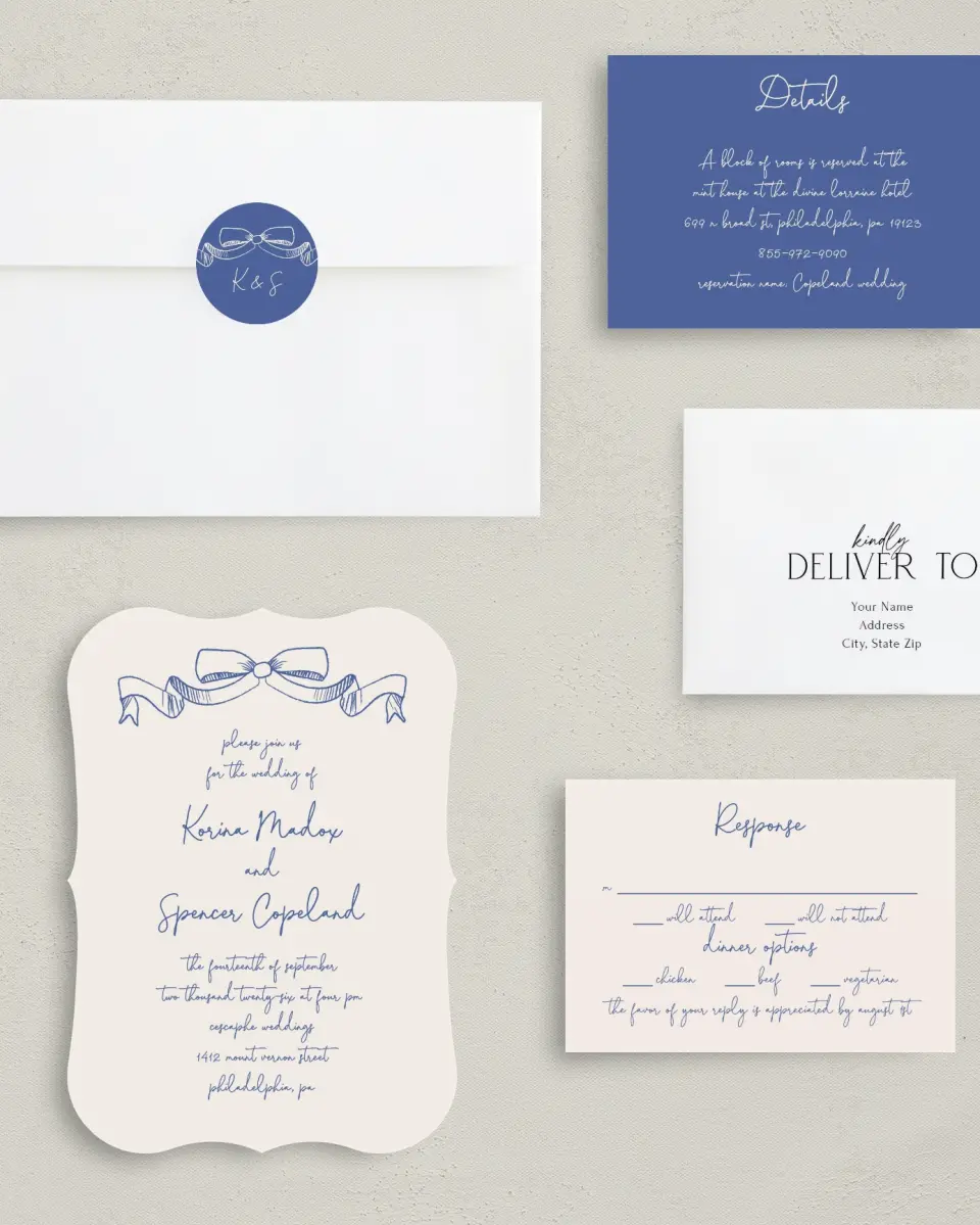 This is a 5" x 7" Bracket Wedding Invitation called Sketched Bow printed in full color with Silver foil on Luxe Satin (coated) paper