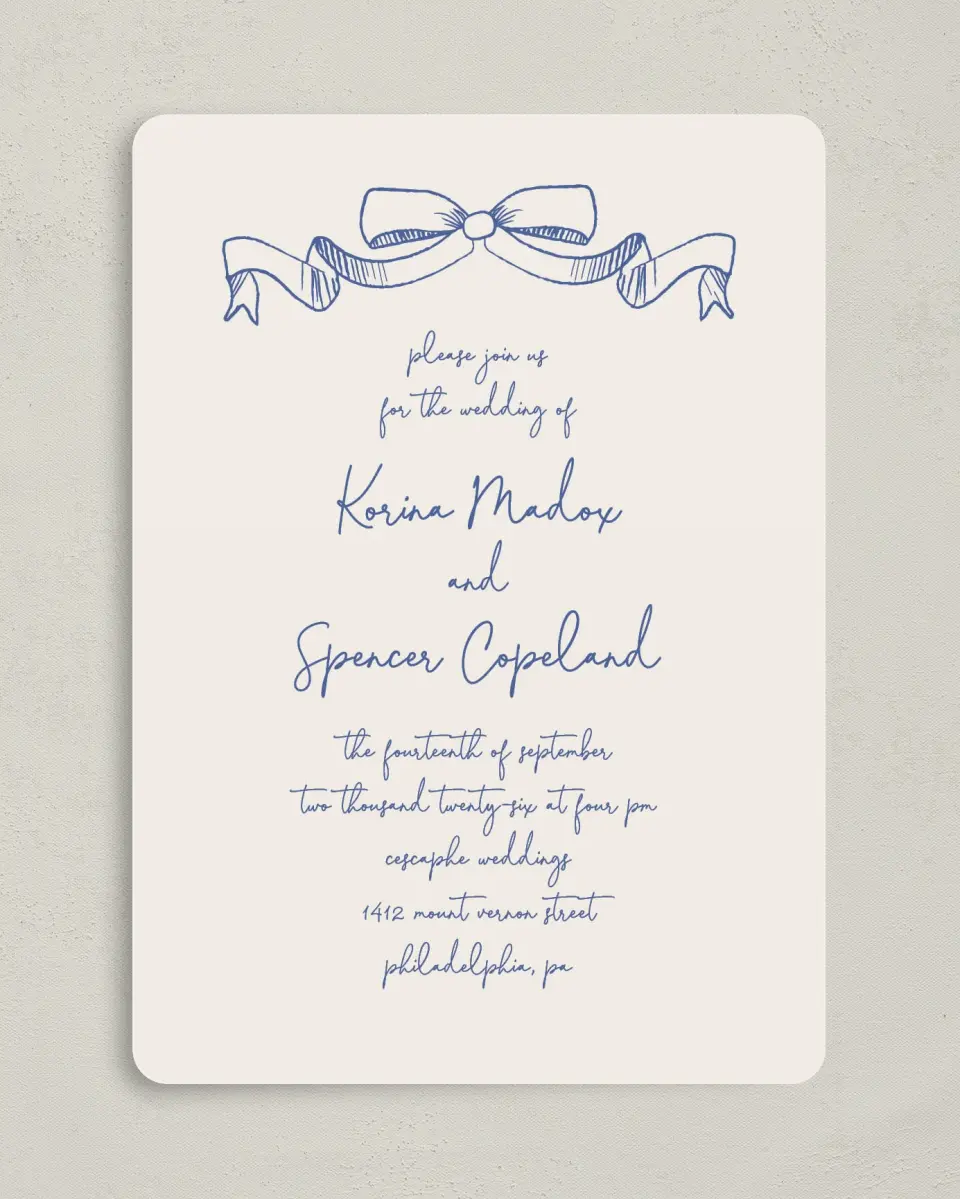 This is a 5" x 7" Rounded Wedding Invitation called Sketched Bow printed in full color on Premium Smooth paper