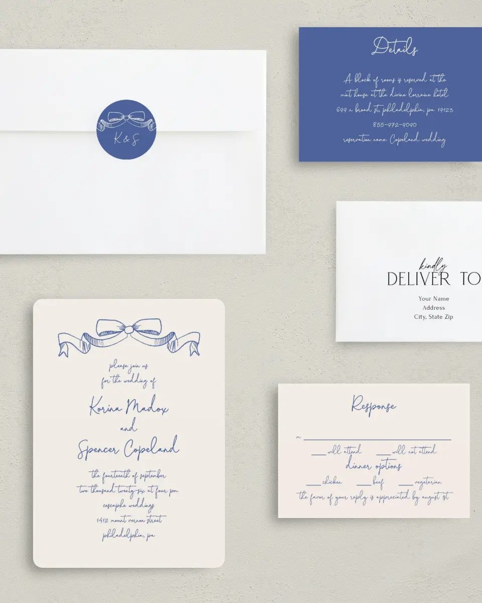 This is a 5" x 7" Rounded Wedding Invitation called Sketched Bow printed in full color with Rose Gold foil on Luxe Satin (coated) paper