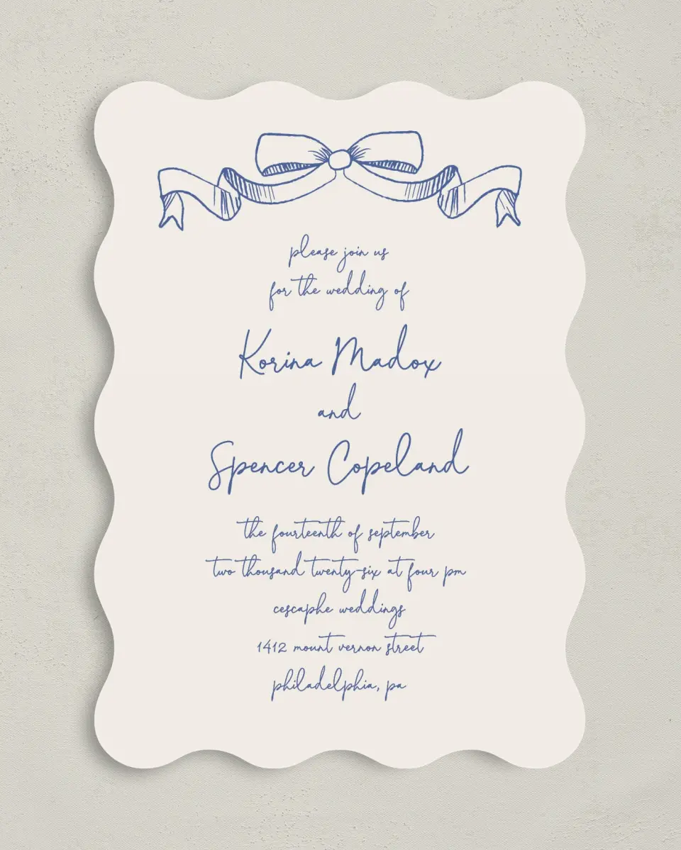 This is a 5" x 7" Wavy Wedding Invitation called Sketched Bow printed in full color on Premium Smooth paper