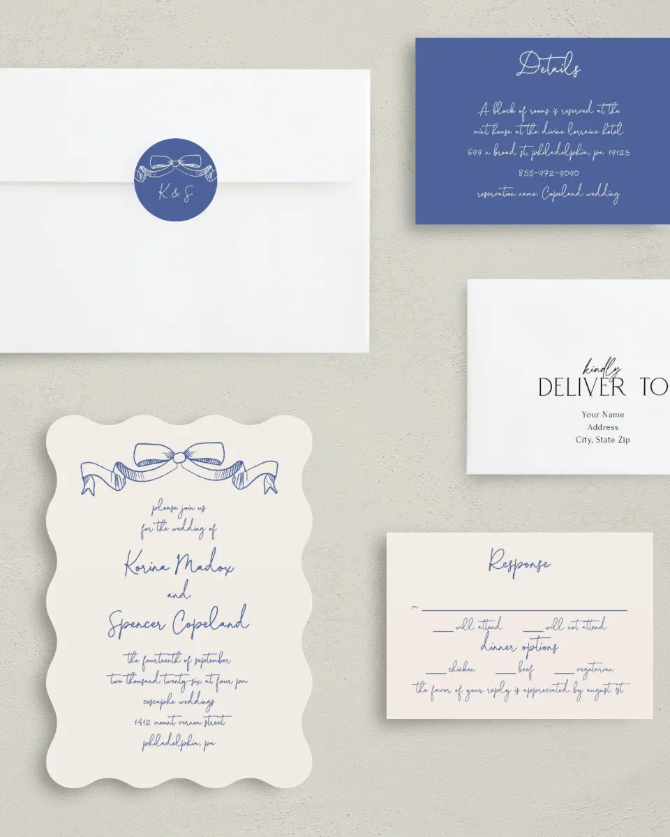 This is a 5" x 7" Wavy Wedding Invitation called Sketched Bow printed in full color with Silver foil on Luxe Satin (coated) paper