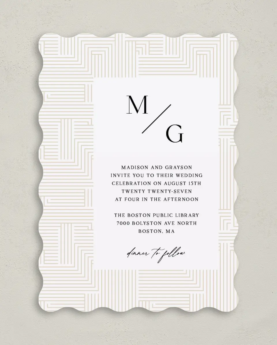 This is a 5" x 7" Wavy Wedding Invitation called Love Maze printed in full color with Gold foil on Premium Smooth paper