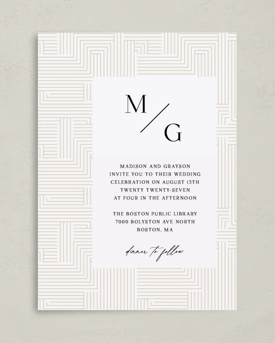 This is a 5" x 7" Classic Wedding Invitation called Love Maze printed in full color with Gold foil on Premium Smooth paper