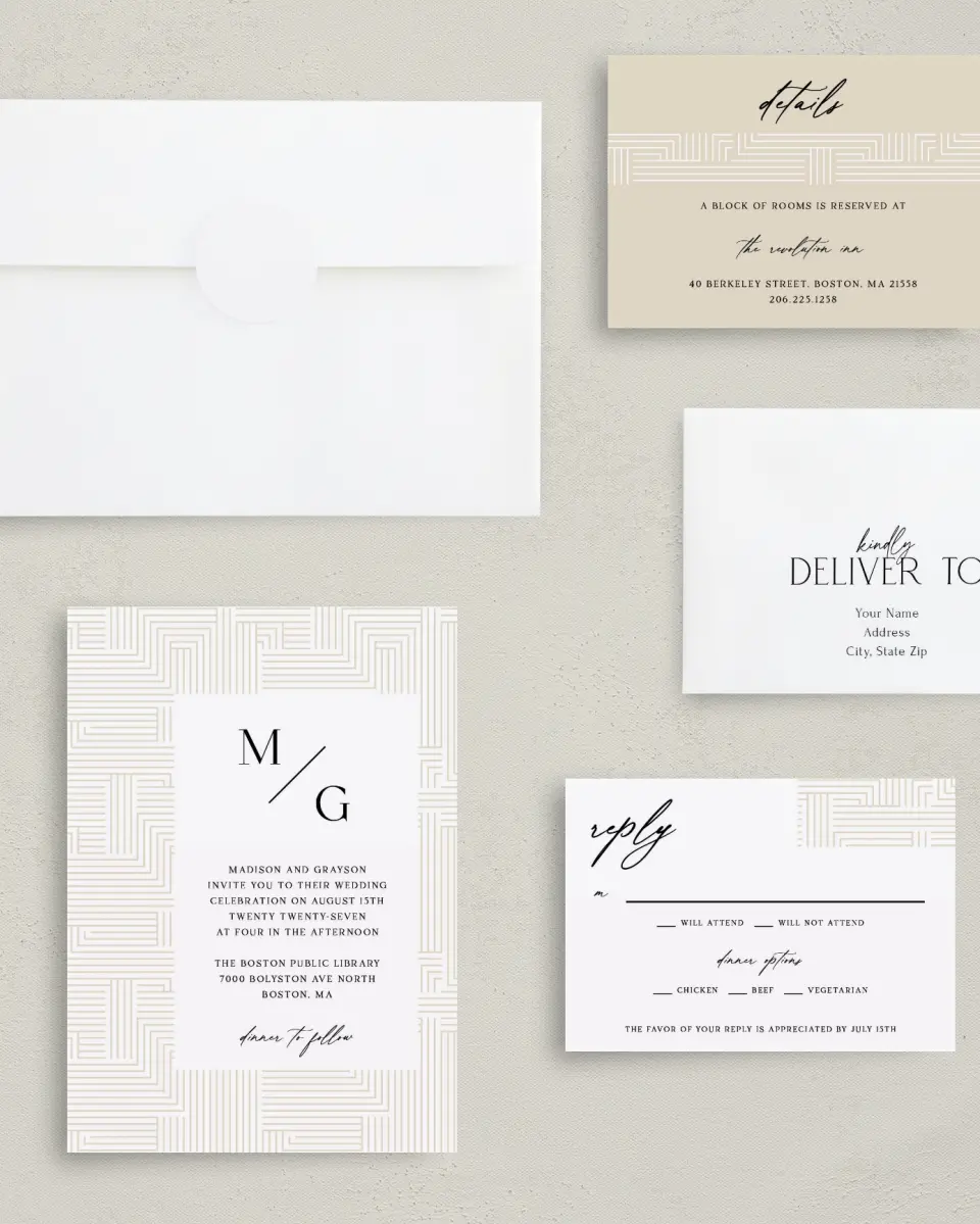 This is a 5" x 7" Classic Wedding Invitation called Love Maze printed in full color with Gold foil on Premium Smooth paper