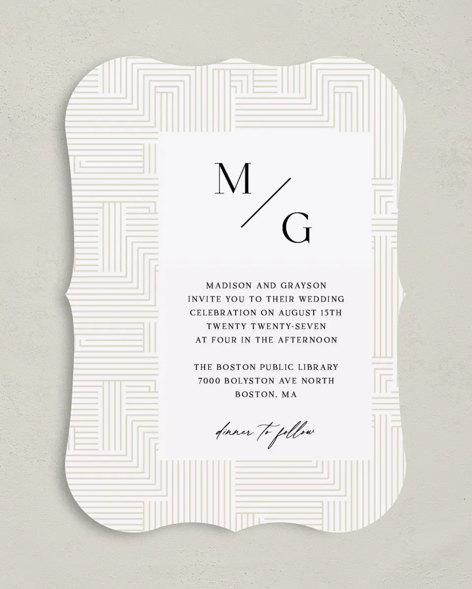 This is a 5" x 7" Bracket Wedding Invitation called Love Maze printed in full color with Silver foil on Luxe Satin (coated) paper