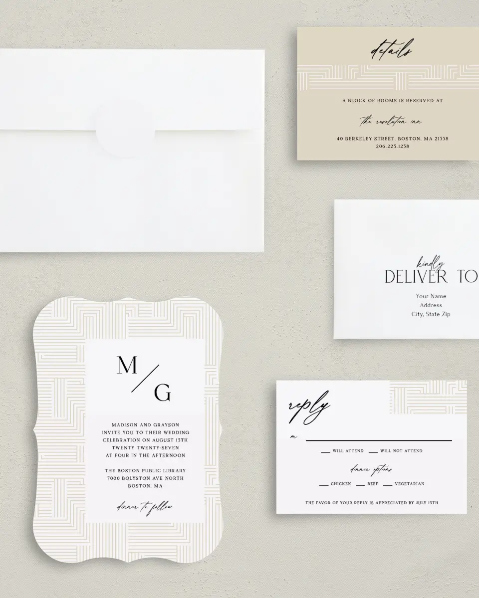 This is a 5" x 7" Bracket Wedding Invitation called Love Maze printed in full color with Silver foil on Luxe Satin (coated) paper