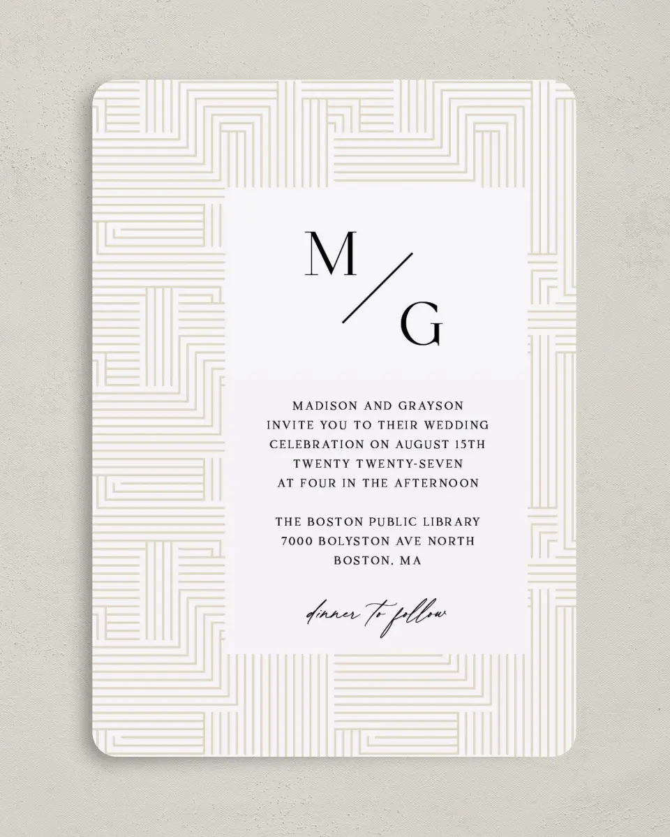 This is a 5" x 7" Rounded Wedding Invitation called Love Maze printed in full color with Silver foil on Luxe Satin (coated) paper