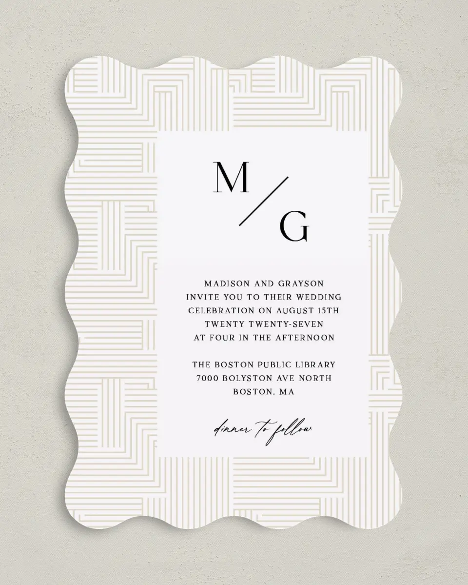 This is a 5" x 7" Wavy Wedding Invitation called Love Maze printed in full color with Gold foil on Premium Smooth paper