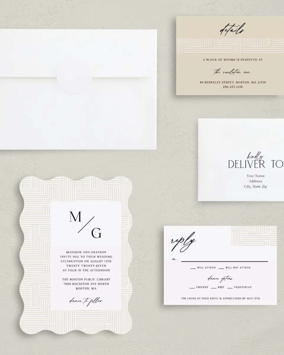 This is a 5" x 7" Wavy Wedding Invitation called Love Maze printed in full color with Silver foil on Luxe Satin (coated) paper