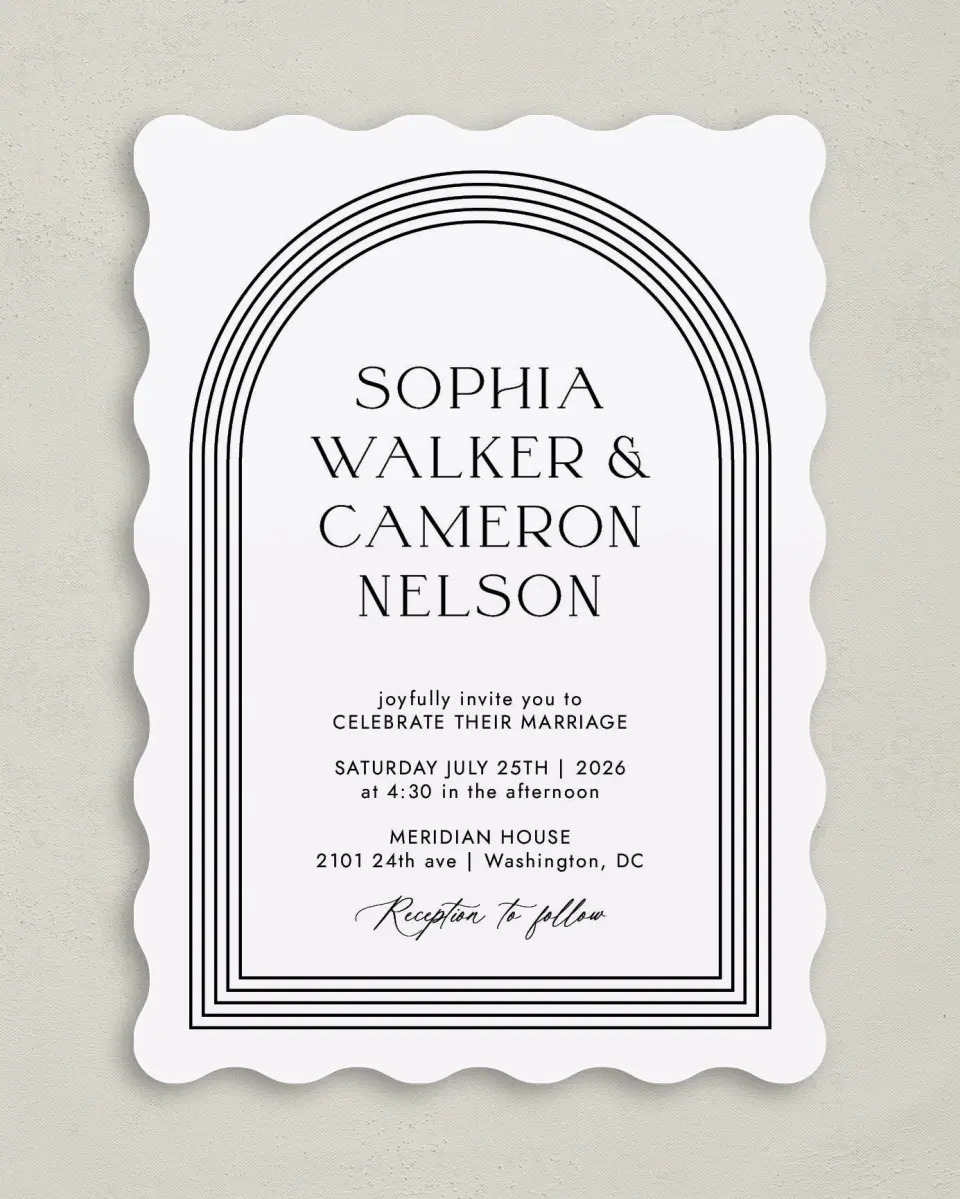 This is a 5" x 7" Wavy Wedding Invitation called Passionate Arch printed in full color with Gold foil on Premium Smooth paper