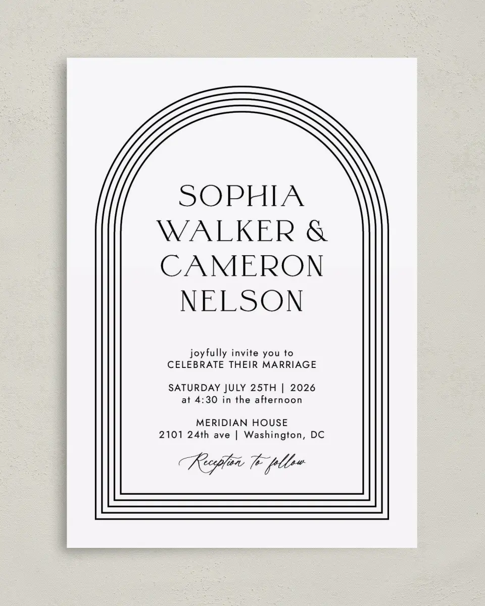 This is a 5" x 7" Classic Wedding Invitation called Passionate Arch printed in full color with Gold foil on Premium Smooth paper