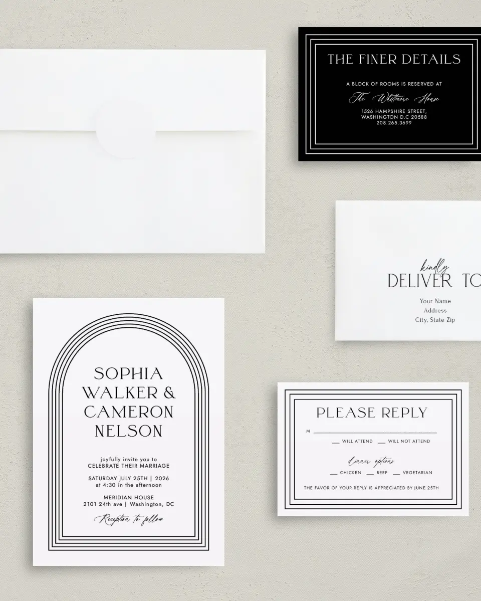 This is a 5" x 7" Classic Wedding Invitation called Passionate Arch printed in full color with Gold foil on Premium Smooth paper