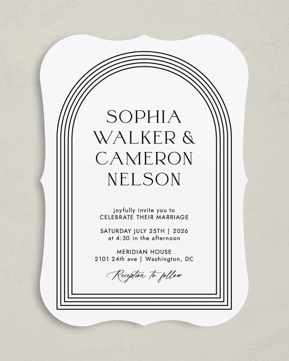 This is a 5" x 7" Bracket Wedding Invitation called Passionate Arch printed in full color with Silver foil on Luxe Satin (coated) paper