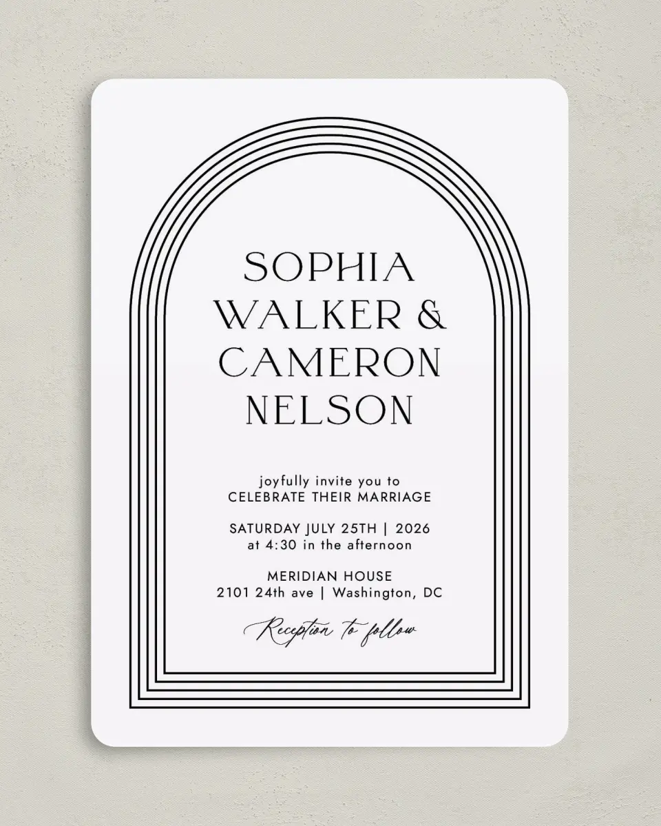 This is a 5" x 7" Rounded Wedding Invitation called Passionate Arch printed in full color with Gold foil on Premium Smooth paper