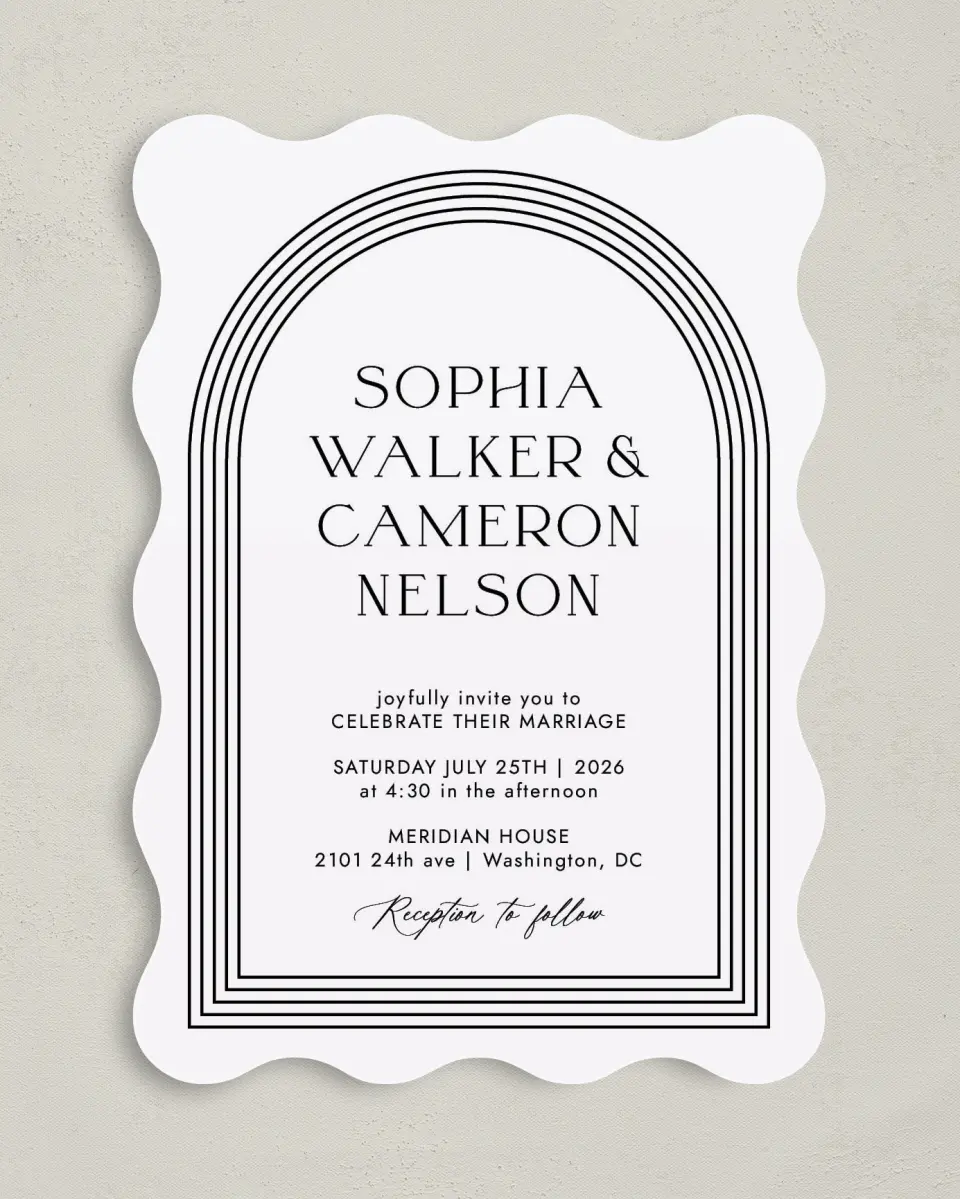 This is a 5" x 7" Wavy Wedding Invitation called Passionate Arch printed in full color with Gold foil on Premium Smooth paper