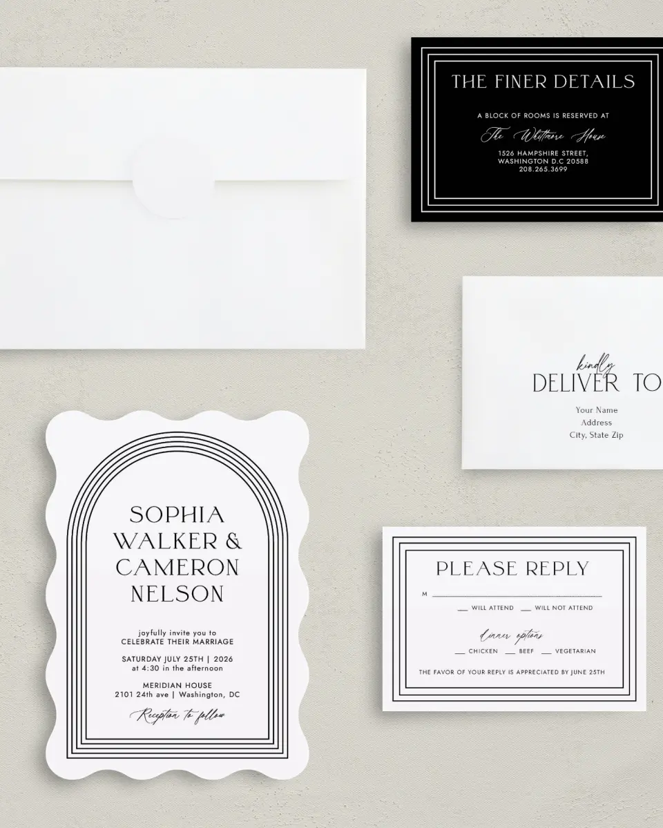 This is a 5" x 7" Wavy Wedding Invitation called Passionate Arch printed in full color with Silver foil on Luxe Satin (coated) paper