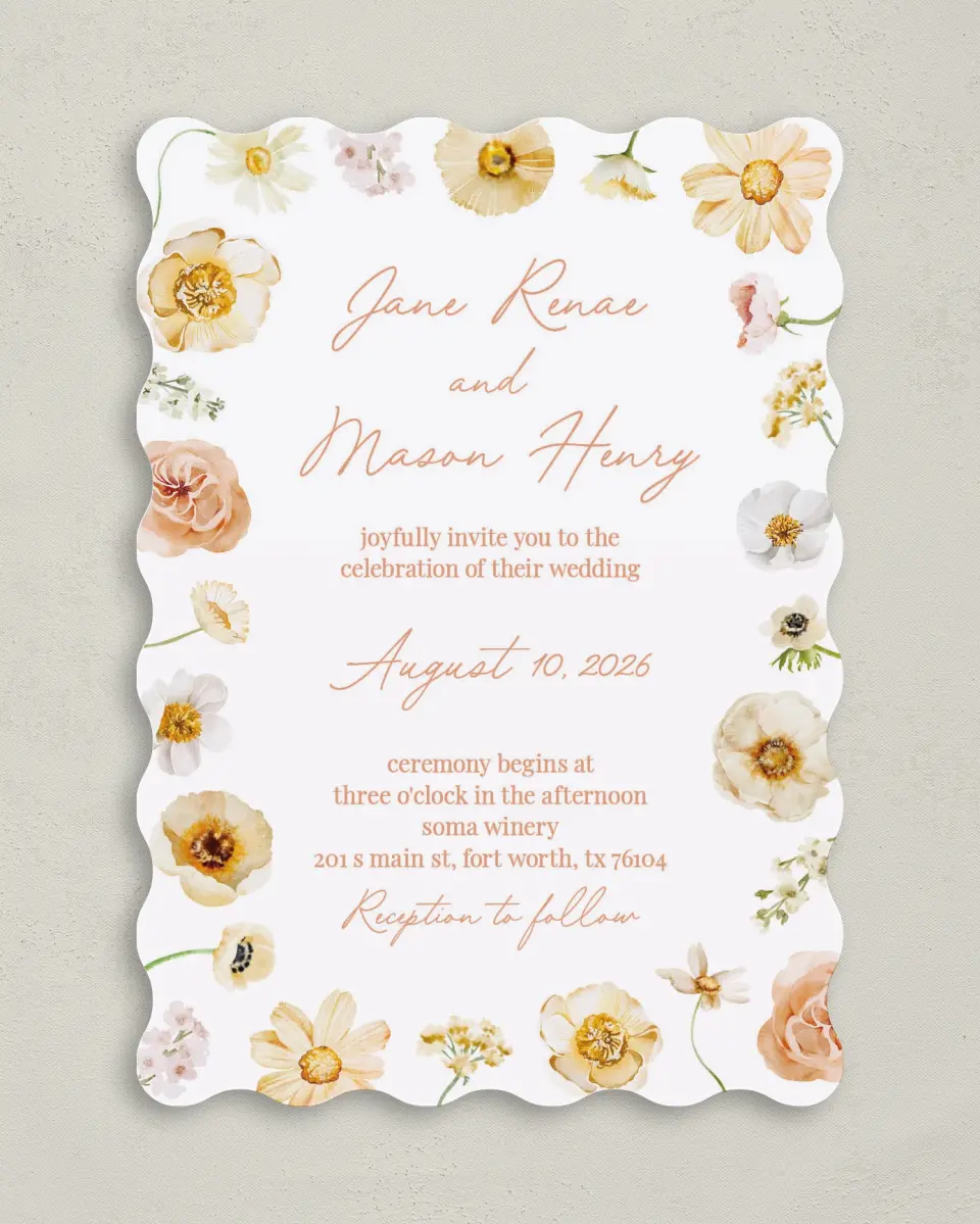 This is a 5" x 7" Wavy Wedding Invitation called Warm Wildflowers printed in full color on Premium Smooth paper