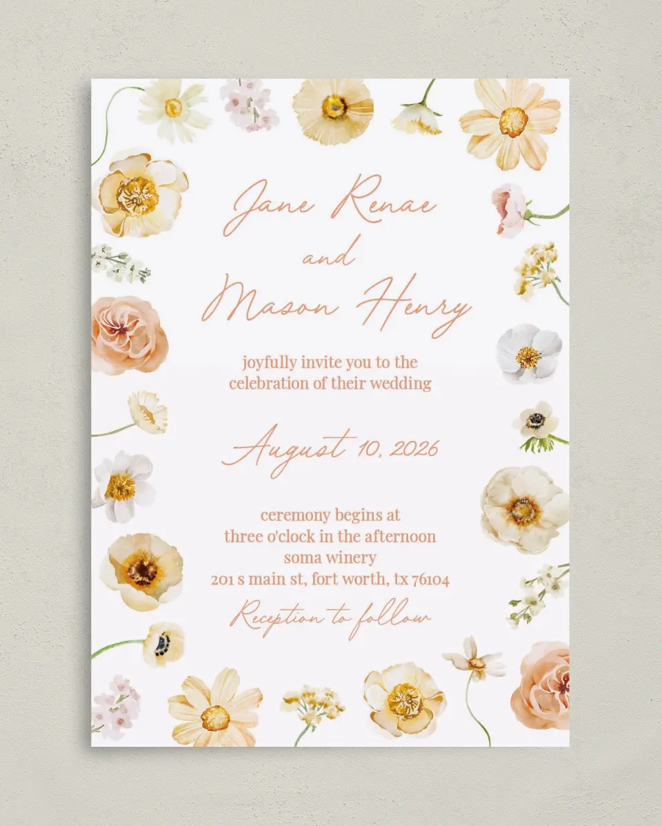 This is a 5" x 7" Classic Wedding Invitation called Warm Wildflowers printed in full color on Premium Smooth paper