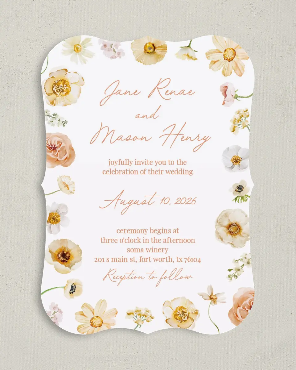 This is a 5" x 7" Bracket Wedding Invitation called Warm Wildflowers printed in full color on Premium Smooth paper