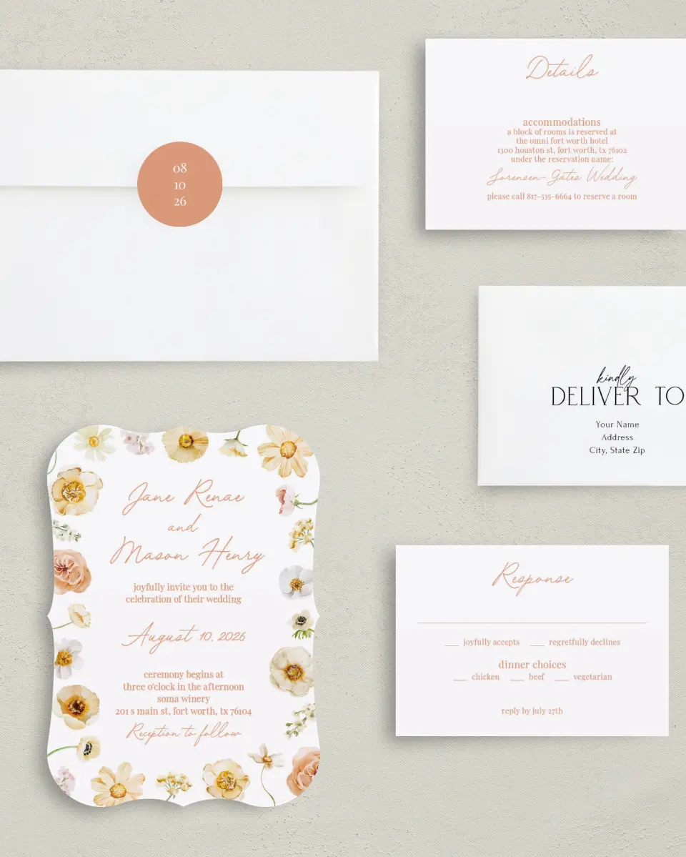 This is a 5" x 7" Bracket Wedding Invitation called Warm Wildflowers printed in full color with Silver foil on Luxe Satin (coated) paper