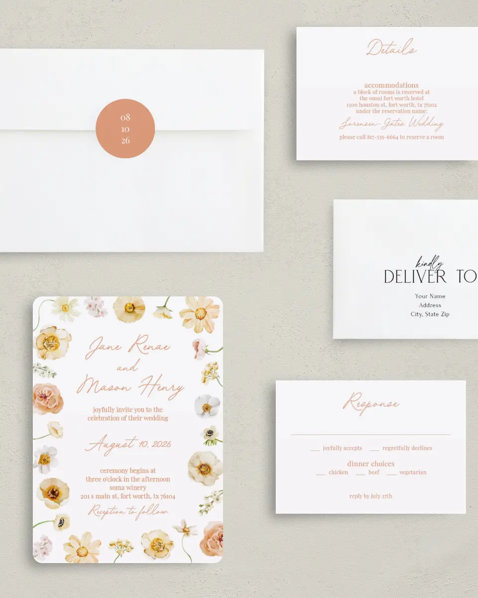 This is a 5" x 7" Rounded Wedding Invitation called Warm WIldflowers printed in full color with Rose Gold foil on Luxe Satin (coated) paper