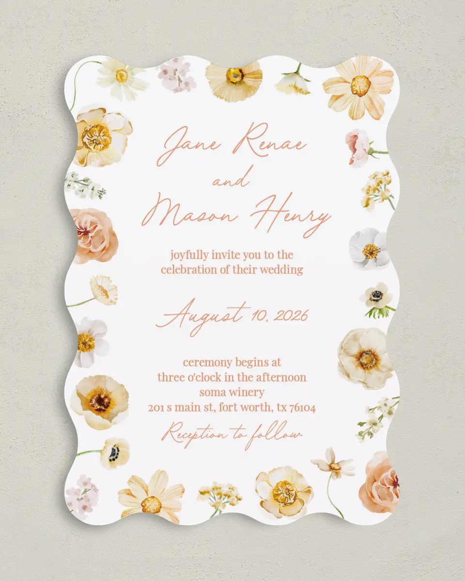 This is a 5" x 7" Wavy Wedding Invitation called Warm Wildflowers printed in full color on Premium Smooth paper