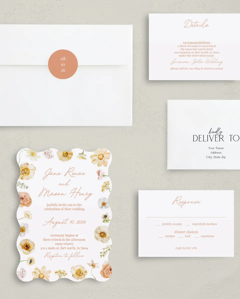 This is a 5" x 7" Wavy Wedding Invitation called Warm Wildflowers printed in full color with Gold foil on Luxe Satin (coated) paper