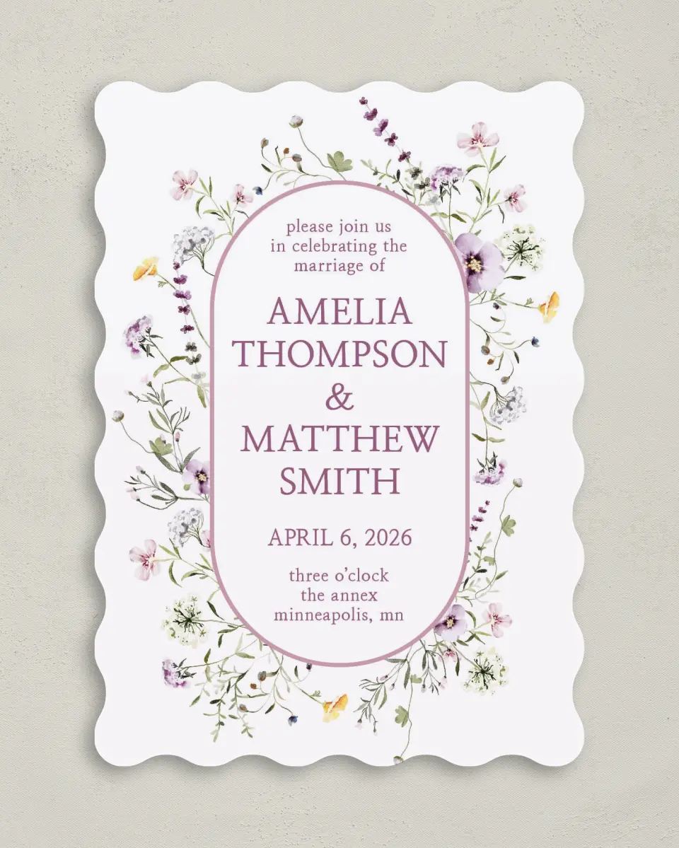 This is a 5" x 7" Wavy Wedding Invitation called Whimsy Fairytale printed in full color on Premium Smooth paper