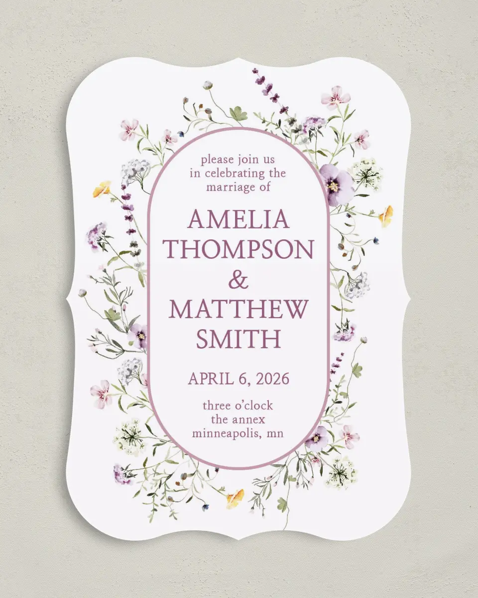 This is a 5" x 7" Bracket Wedding Invitation called Whimsy Fairytale printed in full color on Premium Smooth paper