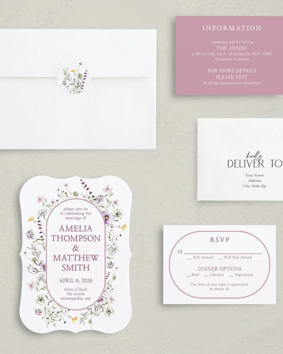 This is a 5" x 7" Bracket Wedding Invitation called Whimsy Fairytale printed in full color with Silver foil on Luxe Satin (coated) paper