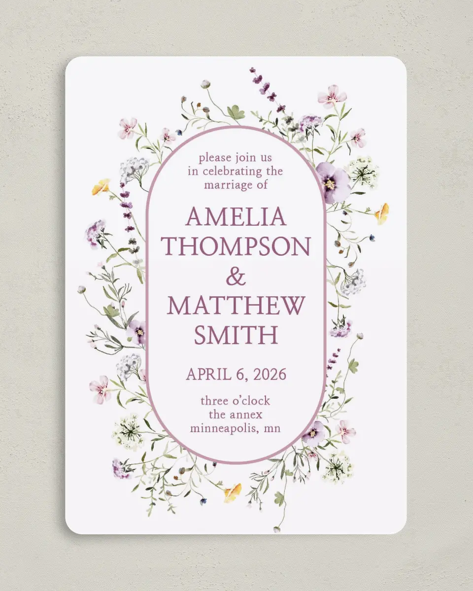 This is a 5" x 7" Rounded Wedding Invitation called Whimsy Fairytale printed in full color on Premium Smooth paper