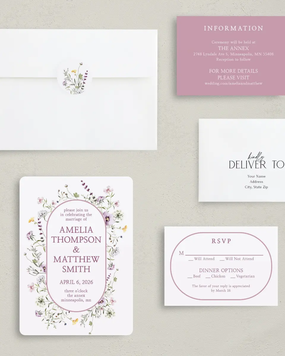 This is a 5" x 7" Rounded Wedding Invitation called Whimsy Fairytale printed in full color with Gold foil on Luxe Satin (coated) paper