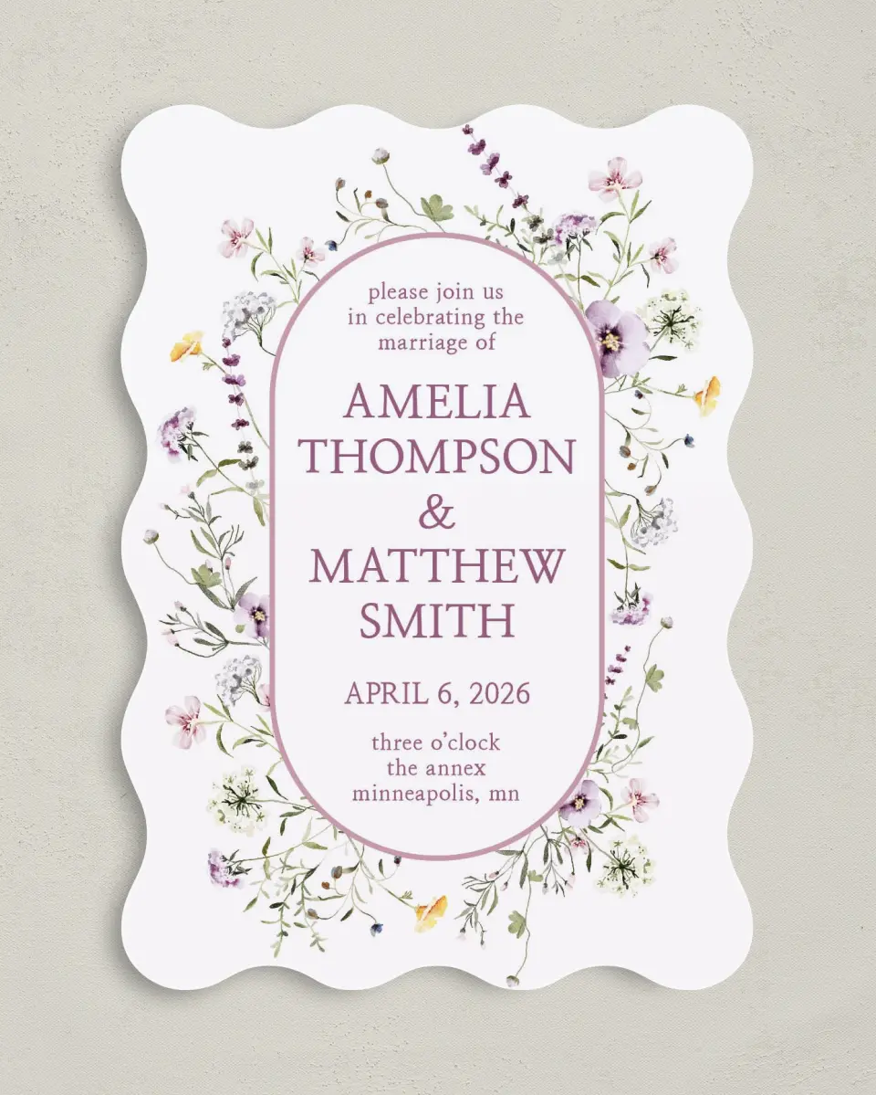 This is a 5" x 7" Wavy Wedding Invitation called Whimsy Fairytale printed in full color on Premium Smooth paper