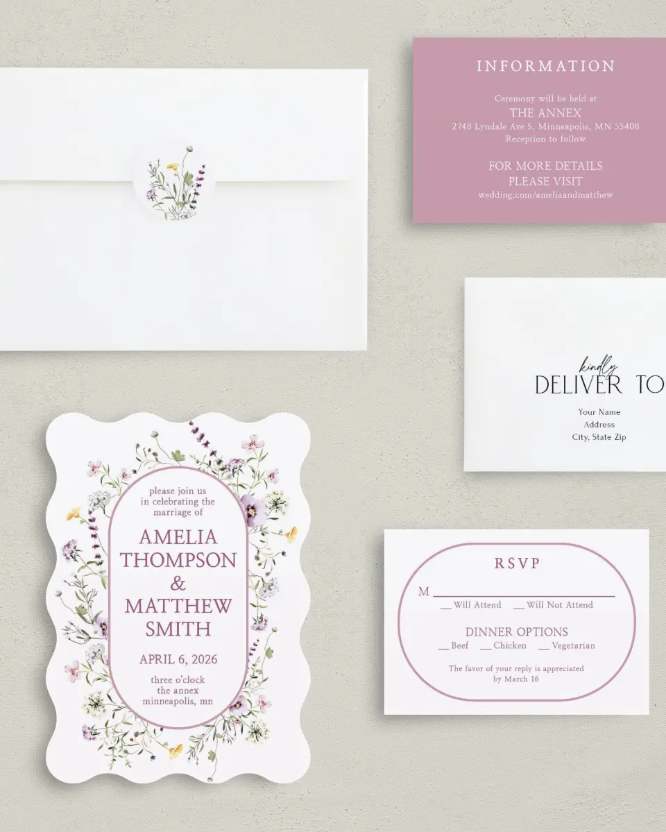 This is a 5" x 7" Wavy Wedding Invitation called Whimsy Fairytale printed in full color with Silver foil on Luxe Satin (coated) paper