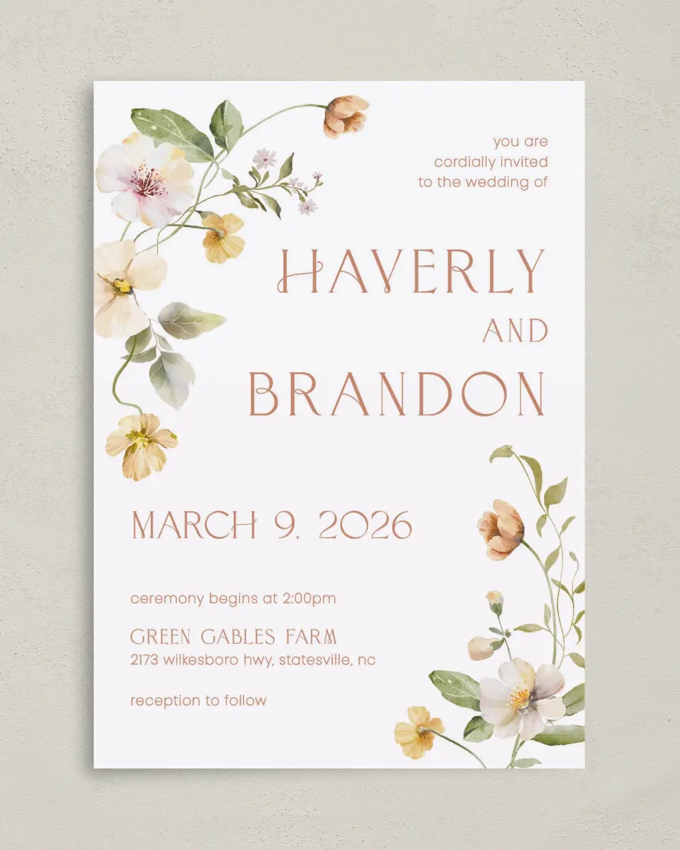 This is a 5" x 7" Classic Wedding Invitation called Delicate Garden printed in full color on Premium Smooth paper