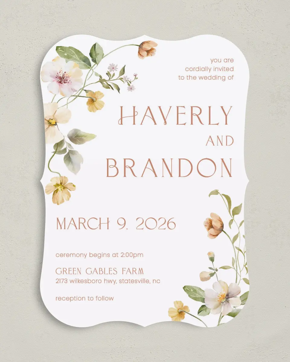 This is a 5" x 7" Bracket Wedding Invitation called Delicate Garden printed in full color with Silver foil on Luxe Satin (coated) paper