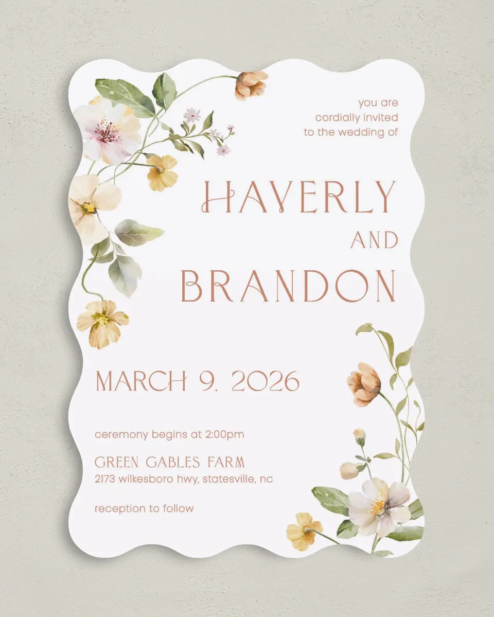This is a 5" x 7" Wavy Wedding Invitation called Delicate Garden printed in full color on Premium Smooth paper
